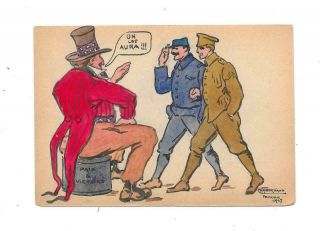 Vintage Hand Painted Wwi Caricature Uncle Sam & Soldiers Postcard 1917