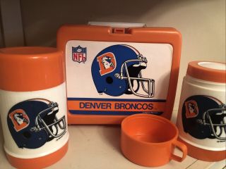 Vintage Denver Broncos Nfl Lunch Box W/ Double Thermos