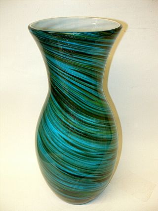 Vintage Murano Italian Blown Art Glass Vase Swirl Pulled Feather Turquoise Blue