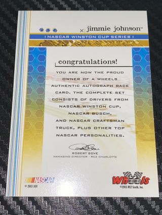 Jimmie Johnson autographed PACK PULLED INSERT card 2003 WHEELS AUTHENTICS CHAMP 2