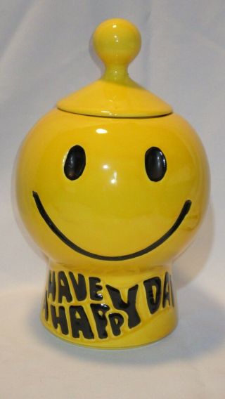 Vintage Mccoy Yellow Pottery Smiley Face Cookie Jar - Have A Happy Day
