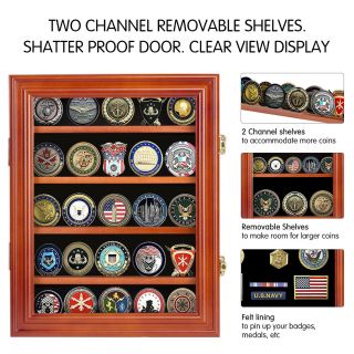 Military Lockable Challenge Coins Display Case Holder Cabinet Rack Reddish Brown