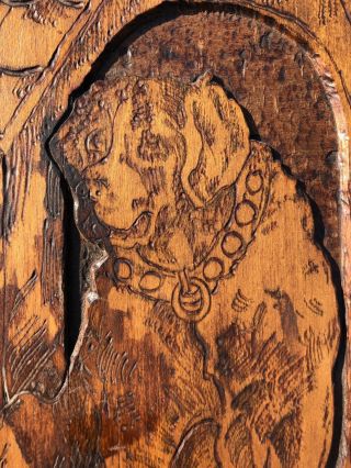Vtg/antique Flemish Art Co Ny Labrador Dog Wood Pyrography Round Plaque Folk Art