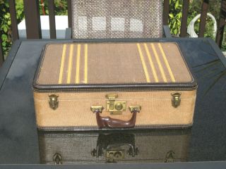 Vintage Dresner Tweed Striped Suitcase W/key,  Lock Leather Trim 21x14x7