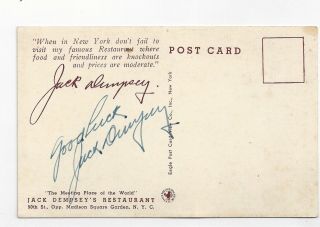Jack Dempsey Signed York Restaurant Advertising Postcard Signed On Back Good