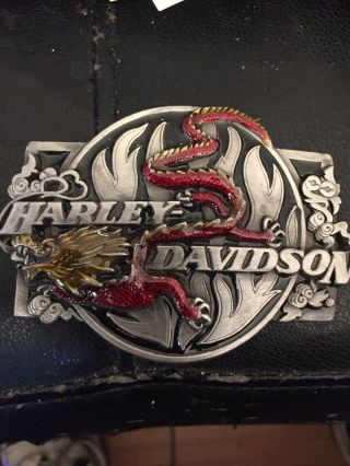 Vtg 1989 Harley Davidson Dragon Black And Red Enamel Belt Buckle Harmony Design