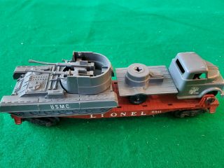 Vintage - Lionel 6 - 6511 Metal - Flat Car With U.  S.  M.  C.  Military Vehicle And Tank