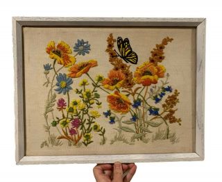 Vtg 70s Hand Embroidered Monarch Butterfly Wildflower Garden Framed 17in X13in