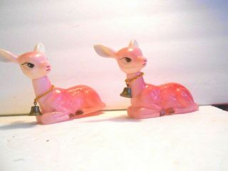 Set Of 2 Vintage Christmas Plastic Pink Laying Reindeer Deer Figurines Bells
