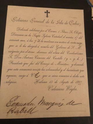 Cuba Spanish American War Valeriano Wyler Antonio Canovas Funeral 1897 Document