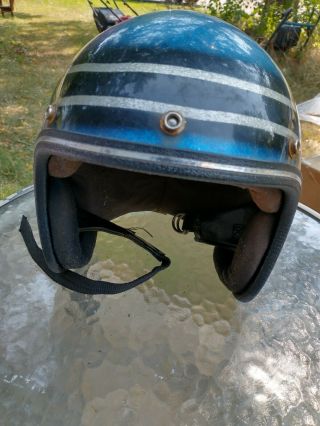 1971 Vintage Silver Racing Stripes Motorcycle Helmet Open Face Metal Flake
