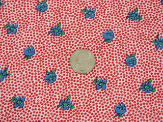 Vtg Cotton Full Feedsack Small Blue Flowers On Tiny Red Dots - 38 X 49
