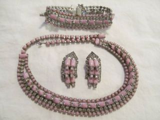 Vintage Kramer Of York Pink & Rhinestone 16 " Choker Necklace Bracelet,  Earrin