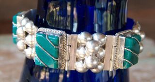 Vintage Taxco Mexico Sterling Silver & Green Onyx Link Panel Bracelet 35g