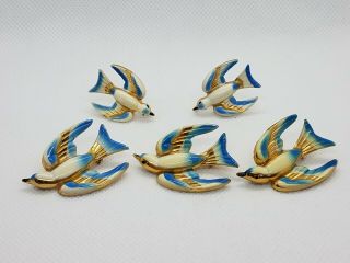 3 Signed Vintage Coro Enamel Birds In Flight Brooches & Earrings