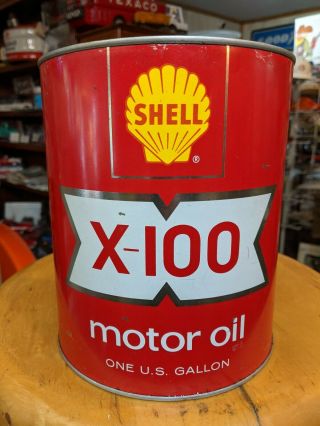Vintage Shell X - 100 Motor Oil 1 Gallon All Metal Red Can Can
