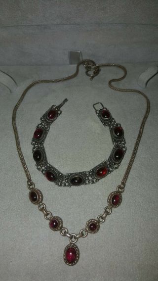 Vintage Sterling Silver And Garnet Cabochon 17 In Necklace & 6 " Bracelet Pair