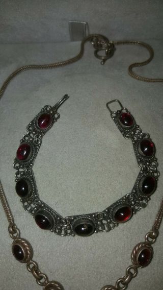 Vintage Sterling Silver And Garnet Cabochon 17 In Necklace & 6 