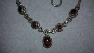 Vintage Sterling Silver And Garnet Cabochon 17 In Necklace & 6 