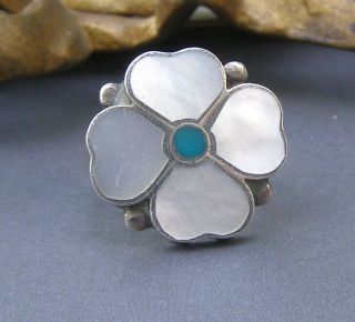 Sterling Silver Vintage Native American Zuni Mother Pearl Inlay Ring Turquoise 7