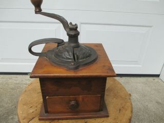 Vintage Wood With Cast Iron - Dovetailed Hand Crank Coffee Grinder