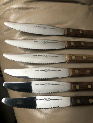 Vintage Set Of 6 Ekco Forge Stainless Steak Knives Hardwood Handle Made In Usa