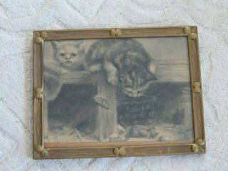 Fabulous Old Vintage Black White Print Cat Kittens Watching Mouse Frame