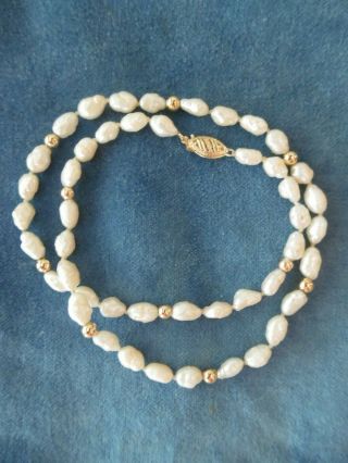 Vintage 14k Gold Fresh Water Pearls & Gold Bead Necklace 16  Hand Knotted