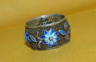 Vtg Art Nouveau " 925 " Sterling Silver Enamel Floral Filigree Band Ring Size 7.  5