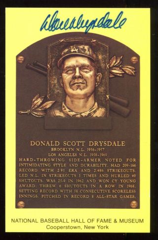 Signed Auto Hof Plaque Yellow Postcard Don Drysdale Los Angeles Dodgers D24