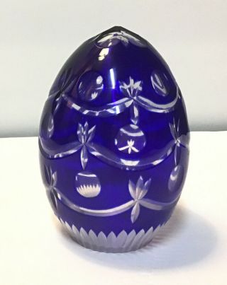 Vintage Cobalt Blue Cut To Clear Bohemian Crystal Cut Decorative Egg