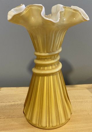 VINTAGE FENTON WHEAT VASE Gold YELLOW OVER WHITE BANDED RUFFLED CASED GLASS 7.  5” 2