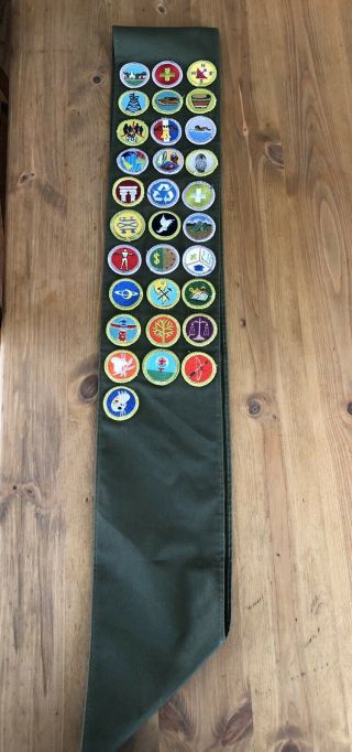 Vintage Bsa Boy Scouts Of America Uniform Sash W/31 Sewn On Merit Badge Patches