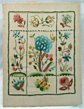 17 " Vintage Completed Crewel Embroidery Flower Sampler Floral Country Needlework