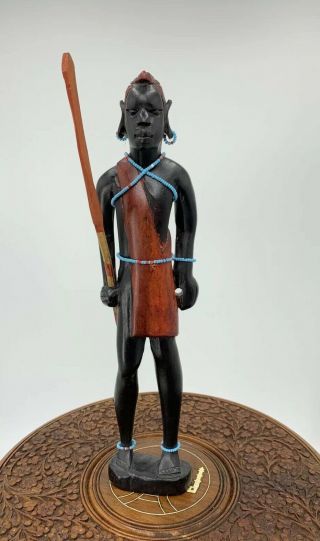 Vintage Dark Wood Tribal African Warrior Hand Carved Sculpture 12.  25 " Tall