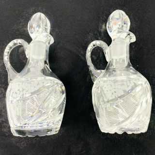 Vintage Etched Glass Oil And Vinegar Bottle Cruet With Stoppers Set Of 2