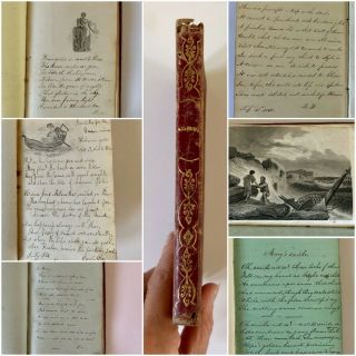 Antique 1840s Handwritten Poetry Book With Engravings Eastport Maine