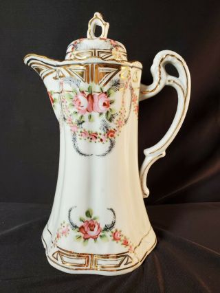Vintage Japan Hand Painted Porcelain Tea Pot 9inch Tall With Lid