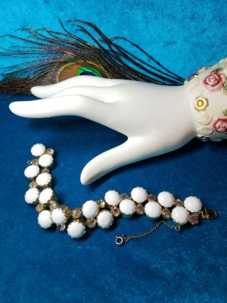 Vintage Juliana D&e Milk Glass Cobochons And Ab Rhinestones Bracelet.  918