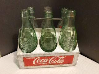 Vintage 1950s Coca Cola Coke Metal Aluminum 6 Pack Carrier,  6 Different Bottles