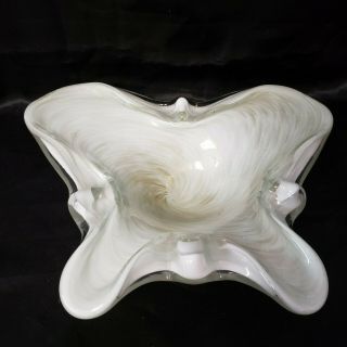Vintage Murano Glass Butterfly Bowl White With Gold Mica Swirls Partial Label
