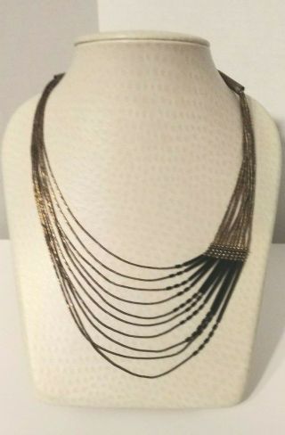 Vintage Southwestern Liquid Sterling Silver Necklace 10 Strands Black Beads - 16 "