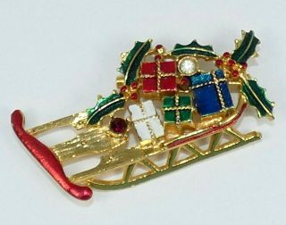 Vintage Signed Weiss Christmas Pin Brooch Sled With Presents Enamel Rhinestones