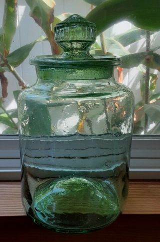 Antique Vintage Rare Apothecary Hand Blown Glass Jar Lid Canister Green 9 "