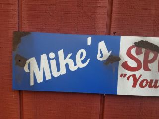 Mike ' s Speed Shop Barn Find Painted Vintage Look metal Hand Made Sign 24x5.  5 2