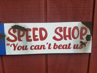 Mike ' s Speed Shop Barn Find Painted Vintage Look metal Hand Made Sign 24x5.  5 3