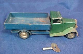 Vintage Triang Minic Windup Tin Truck Fixed Bed Key Green And Blue Paint