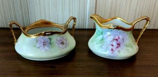 Vintage Ginori Italy Hand Painted Floral Open Cream & Sugar Set - Artist Signed