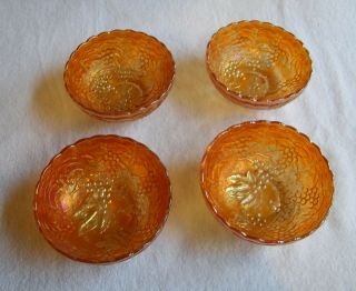 Set Of 4 Vintage Imperial " Grape & Drape " Marigold Carnival Glass Dessert Dishes