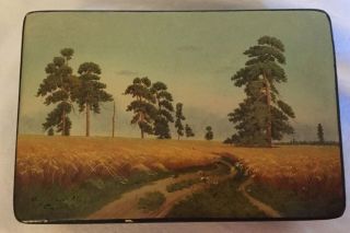 Vintage Russian Ussr Black Lacquer Box Hand - Painted Signed Rye Field Trees